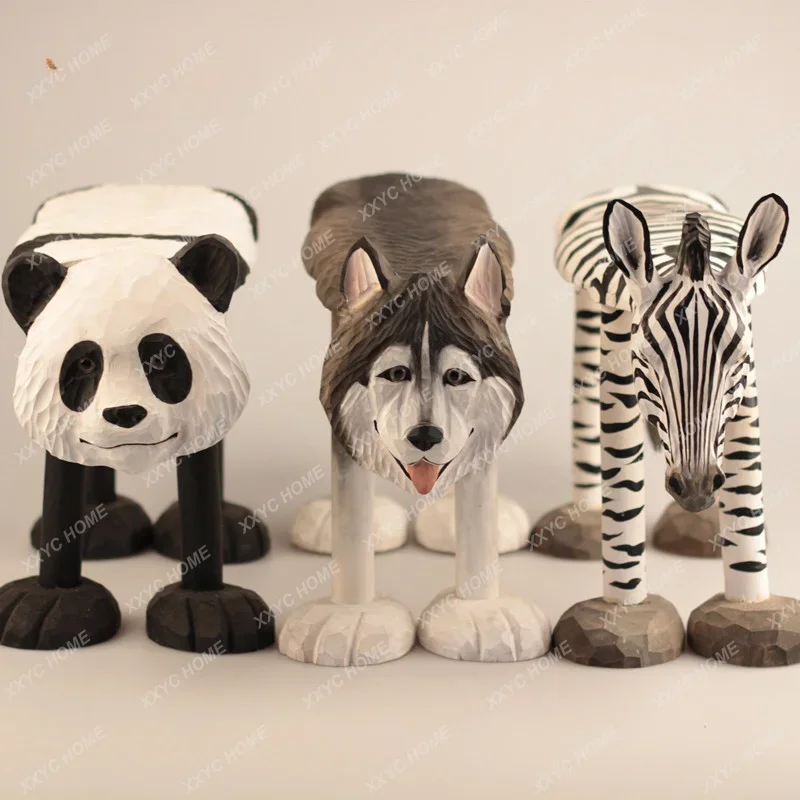 2 Solid Wood Hand Carved Medium Baby Animal Bench Children Low Stool Creative Home Stool Nordic Household Stool