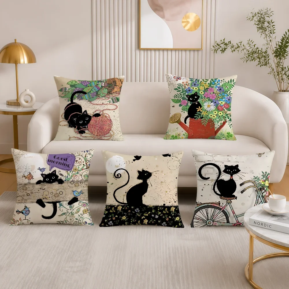 Retro Black Cat Cat Cartoon Cushion Cover Soft Double Sided Pillowcovers Hogar Sofa Living Room Home Bed Decor Pillowcase Gift
