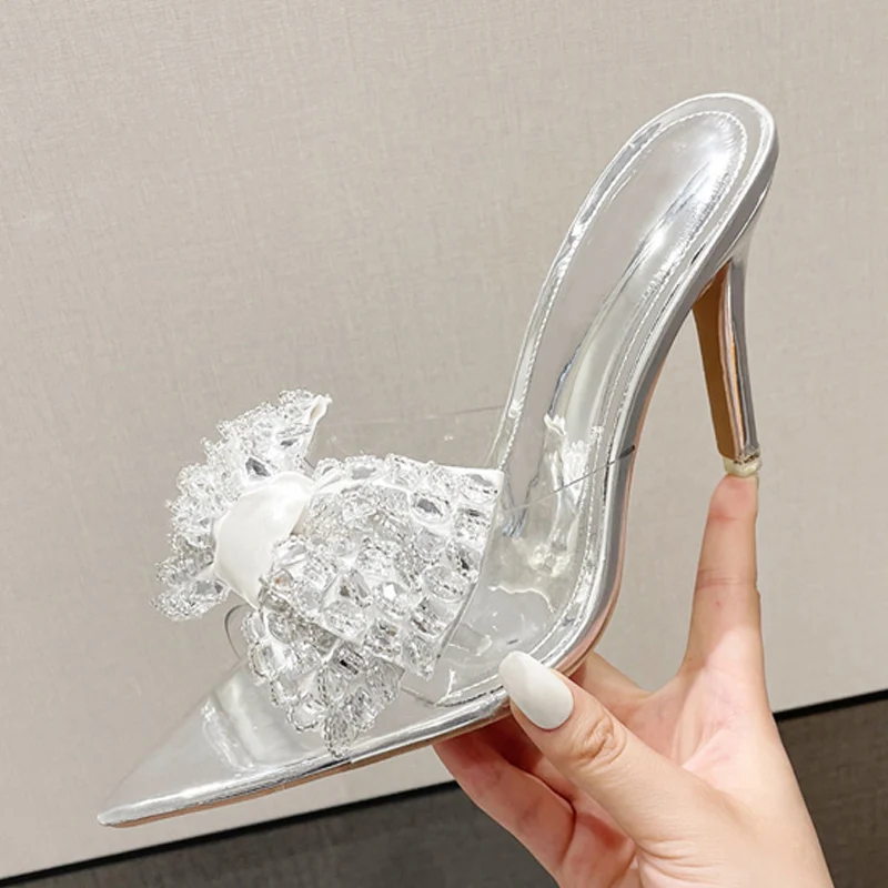 Liyke Size 35-41 Sexy Pointed Toe Mule High Heels Stripper Slipper Crystal Bowknot PVC Transparent Shoes For Women Gold Sandals