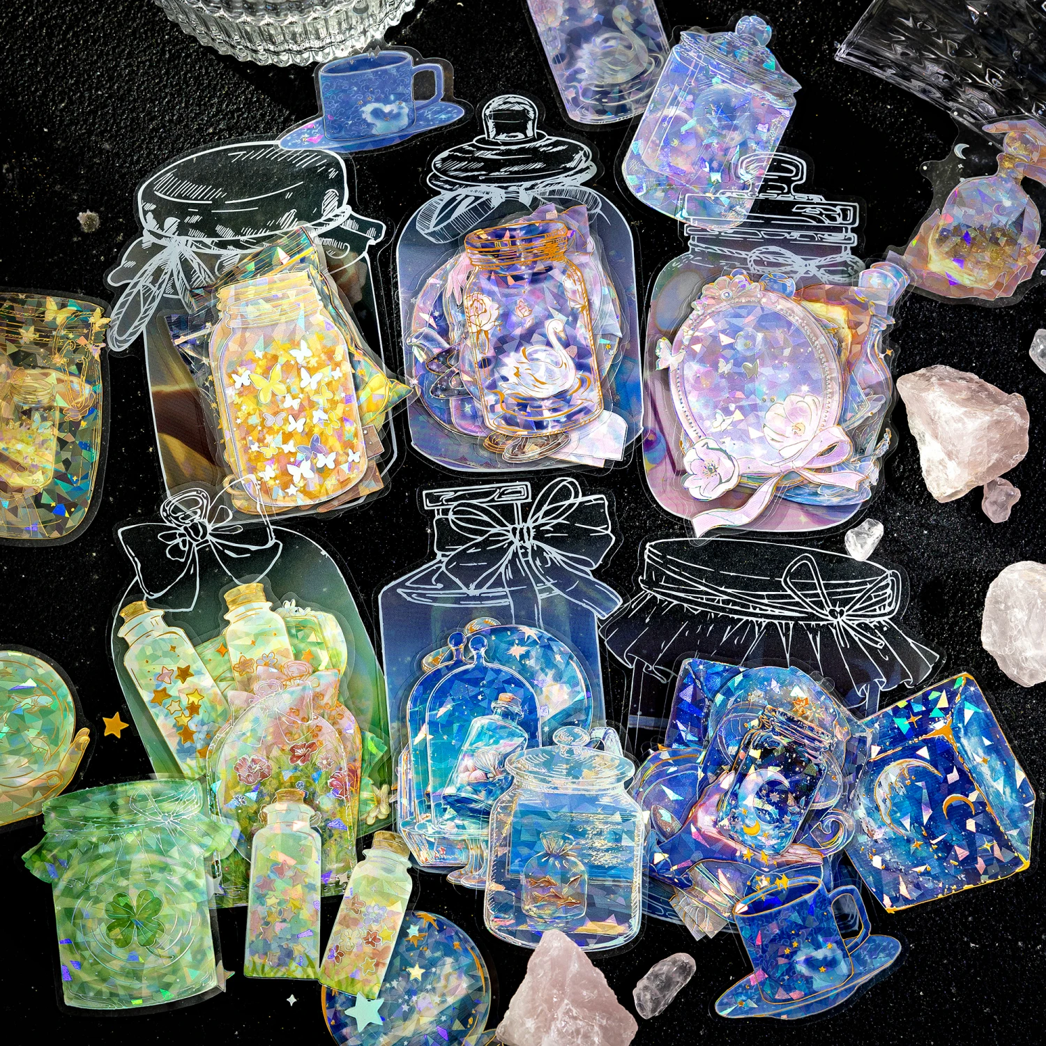10pcs Creative Scrapbook Decorative Stickers Bottle Space Ice Crystal PET Stereoscopic Laser Silver Stickers Bag DIY Sticker