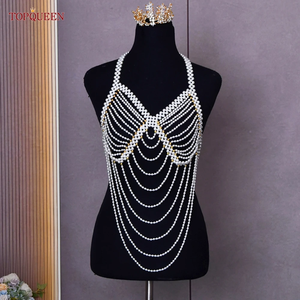 TOPQUEEN G58 Bridal Wraps Wedding Bolero Beaded Sexy Girl Pearl Top Sheer Cutout Halter Top Sexy Beach  DIY Bachelor Party