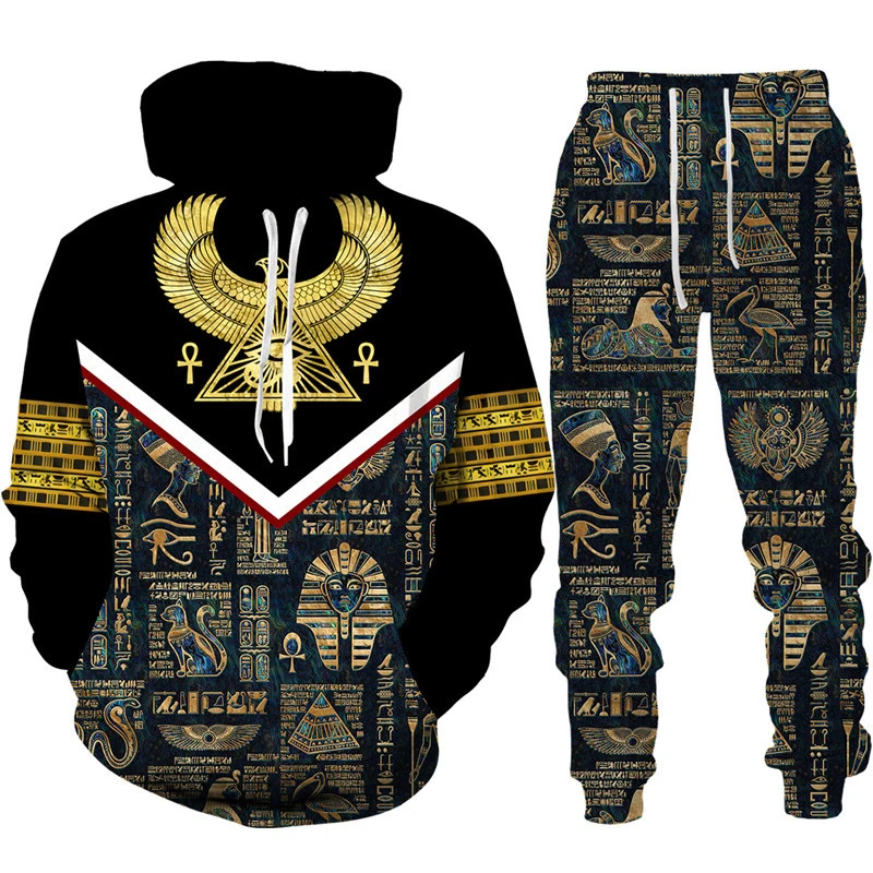 Novelty 3D Print Ancient Horus Egyptian God Eye of Egypt Pharaoh AnubisMen's Hoodie+Pants Streetwear Jogging Set