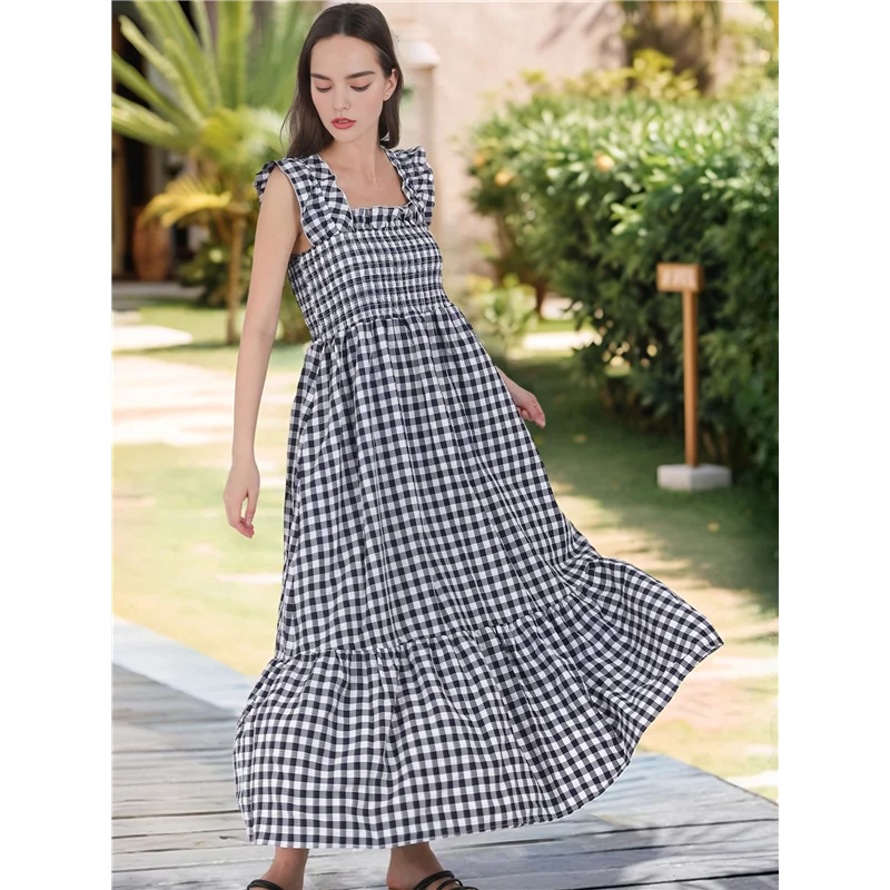 NEW-Women's Retro Plaid Smocked Dress Spaghetti Strap Flounce Long Dress