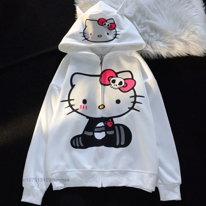 Sanrio 100% Cotton American Zip-up China-Chic Hello Kitty Printed Hoodie Women\'s Loose Zipper Cardigan Coat Hooded Clothes