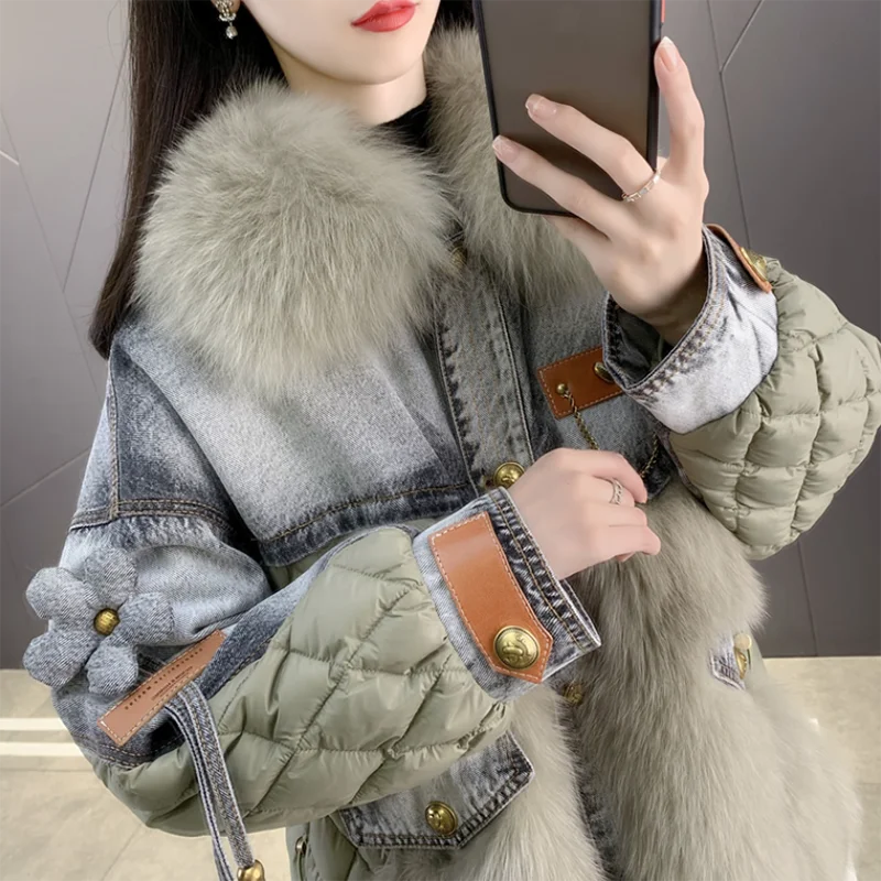 Women\'s Cowboys Overcome The Imitation Of Fox Hair Fur Coat, Long Loose Stitching Down Jacket, Cotton-Padded Jeans, Winter