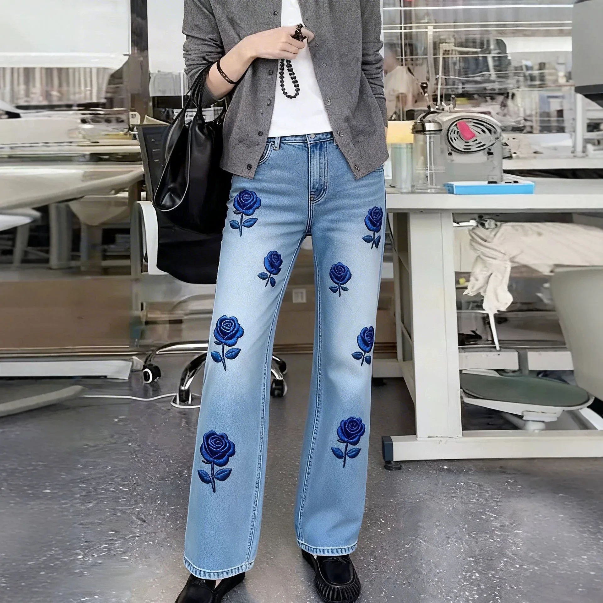 

Harajuku Light Blue High Waist Wide Leg Jeans Blue Rose Embroidered Straight Leg Denim Pants For Women Y2k Streetwear Outfits