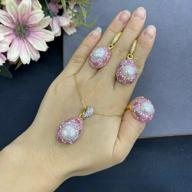 Natural Baroque fresh water pearl set with pink crystal three-piece jewelry high-end exquisite women's wedding banquet jewelry