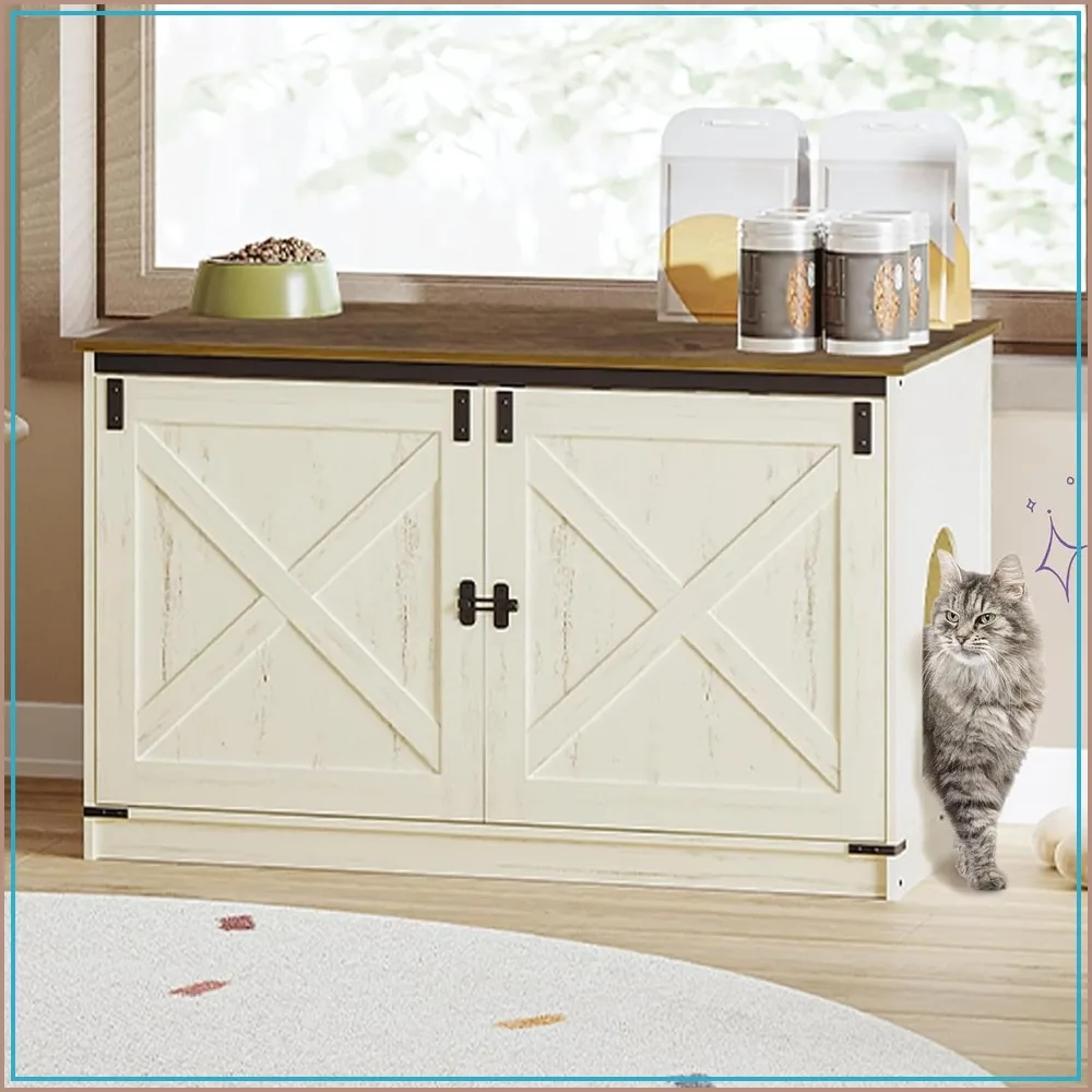 Cat Litter Box Enclosure, Hidden Litter Box Furniture with Divider Wooden Cat Cabinet with Removable Dividers,