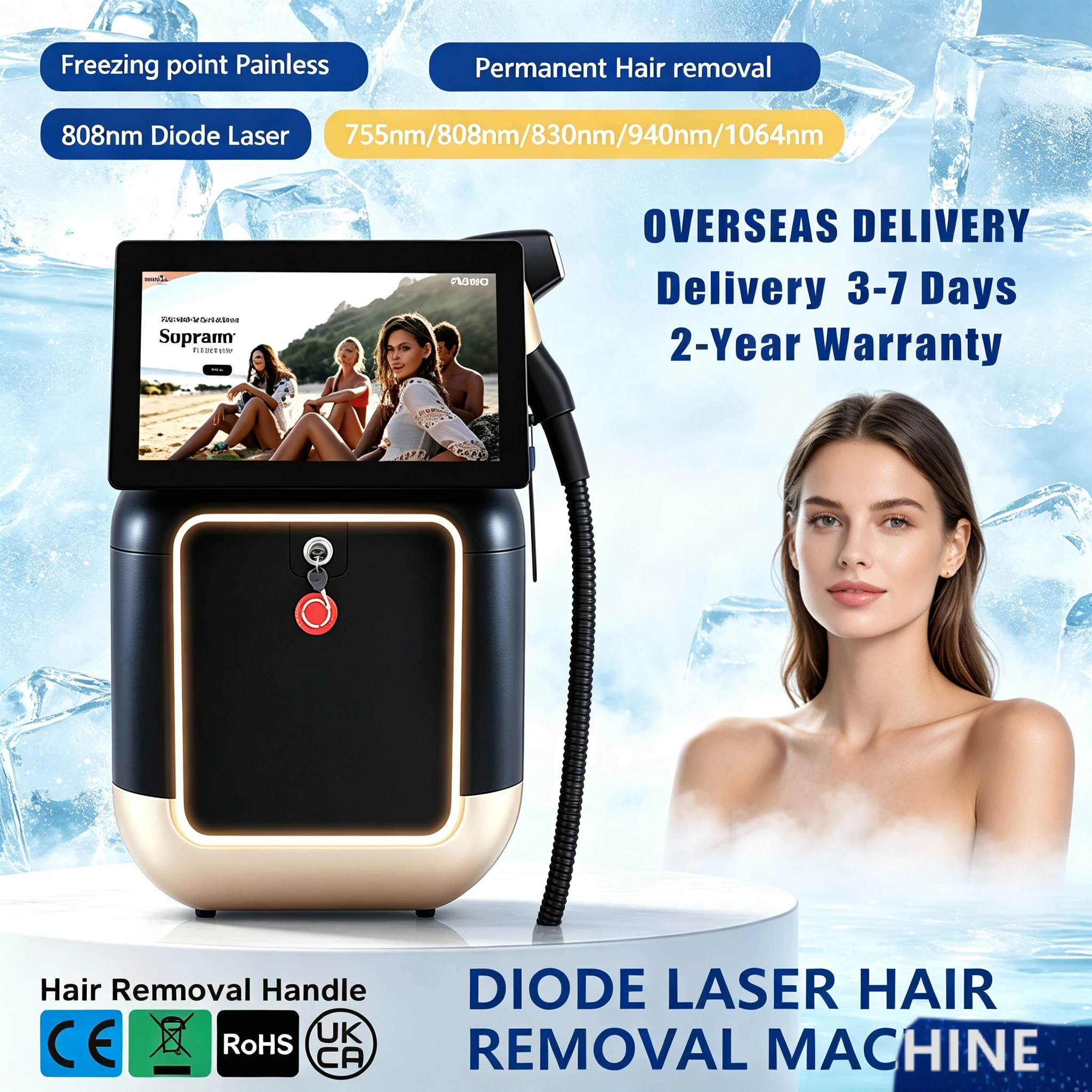 5000W FAC Diode Laser Hair Removal System 755-1064nm Ice Freezing Painless Epilator Suitable For All Skin Tones Salon Machine