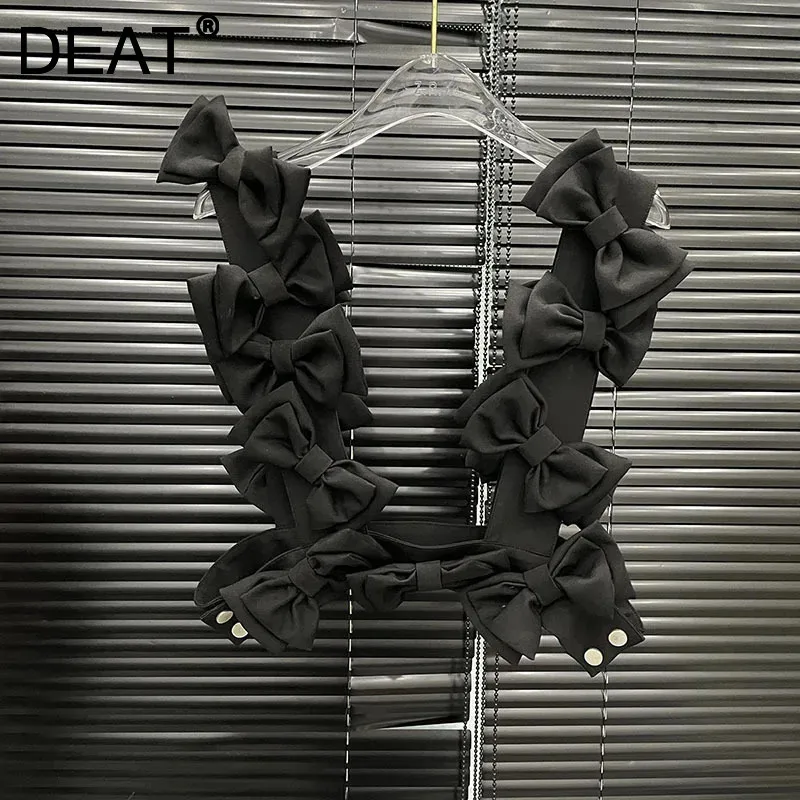 DEAT 2025-Chaleco con decoración de lazo para mujer, camisetas sin mangas negras versátiles con diseño de nicho, artículos nuevos de moda para mujer 11A04652