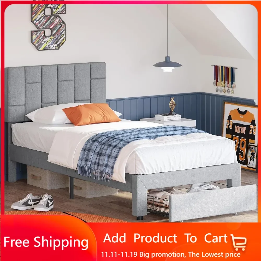 

Twin Bed Frame with Under-Bed Drawer, Platform Upholstered Bed with Headboard, No Box Spring Needed/Noise-Free-Light Grey