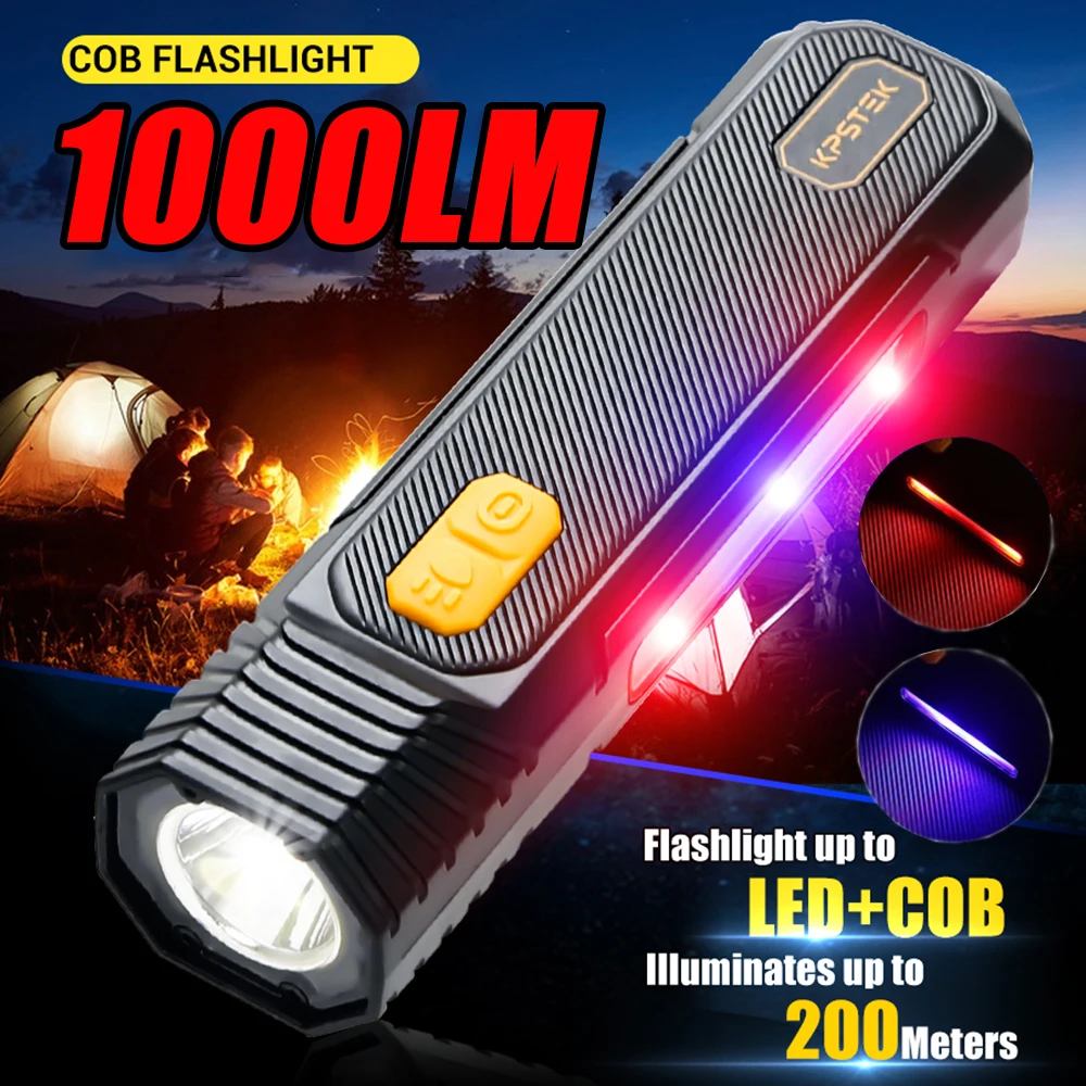 COB+LED Mini Flashlight USB Rechargeable Side Red Blue Caution Emergency Police Light Flashing Warning Torch Camping Lantern