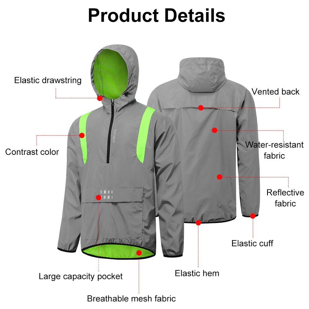 Men Reflective Cycle Jacket Windproof Hooded Bike Jacket Coat for Running Hiking Walking Night Safety Jacket