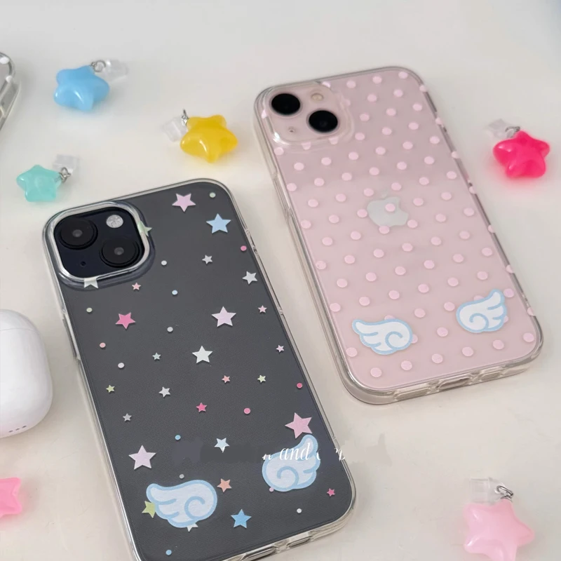 Ins coreano bonito estrela colagem asas caso de telefone para iphone 16 15 14 13 12 11 pro max mini x xs se 7 8 plus 16e capa à prova de choque