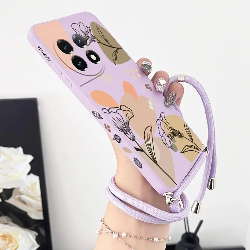 Artistic Line Flowers Crossbody Lanyard Silicone Phone Case For Oneplus 11 11R 10R 10T 10 Pro 9 9R 9RT 8T 8 8 Pro Cover