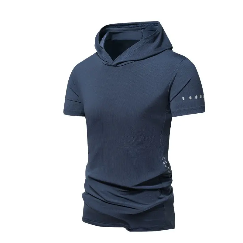 Camiseta Masculina de Verão em Seda Gelada, Alta Elasticidade, Secagem Rápida, com Capuz, Respirável, Esportiva, Manga Curta