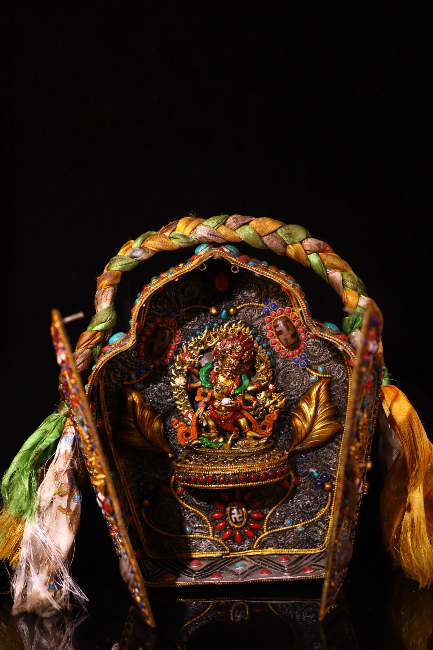 Old Tibetan Silver Gilded Filigree Mosaic Gem gZi Beads Vajra pattern Buddhist Niche Painted Six arms Mahakala Buddha Box