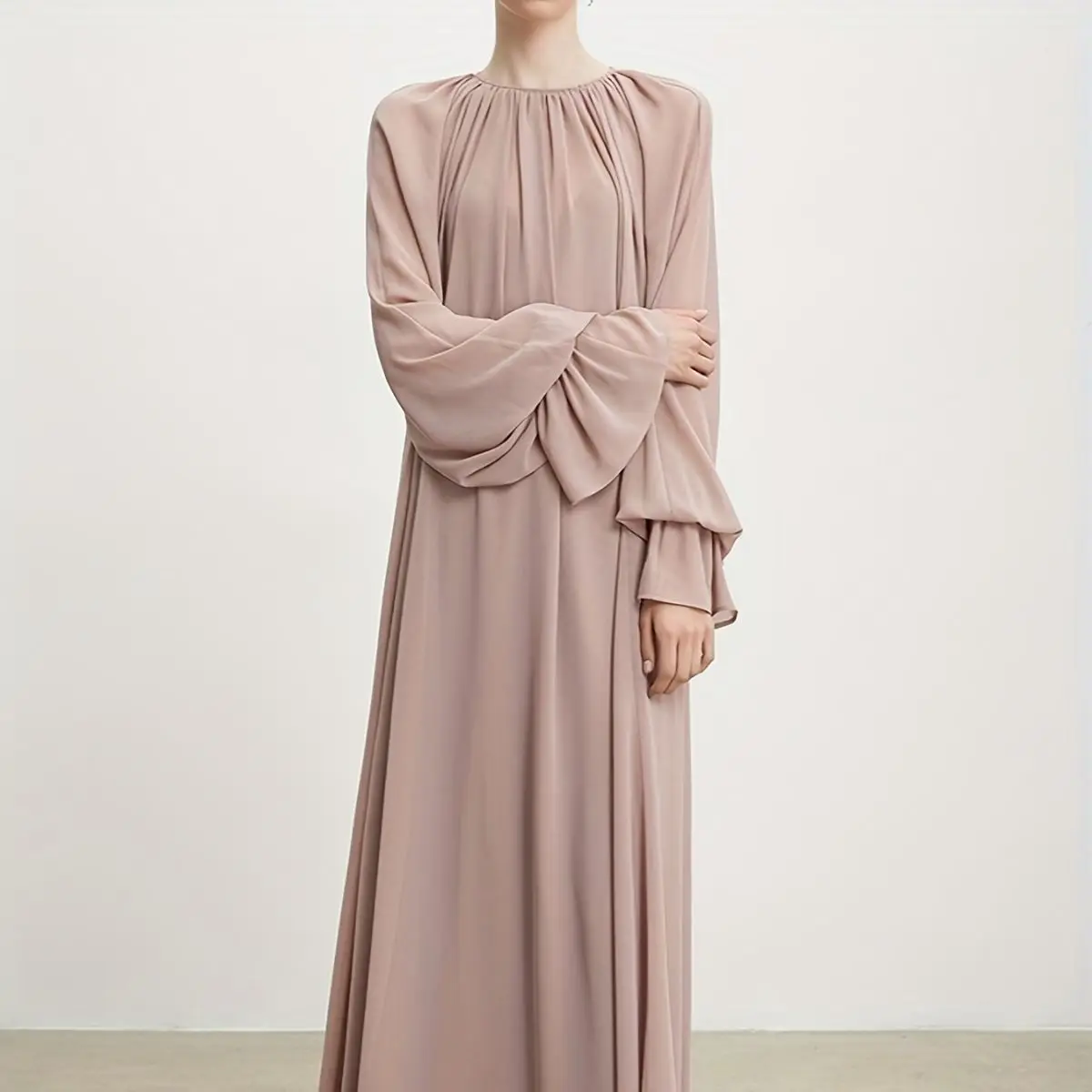 

Women's Chiffon Pleated Dress, Double Chiffon, Trumpet Sleeve, Middle East, Dubai, Islamic, Muslim