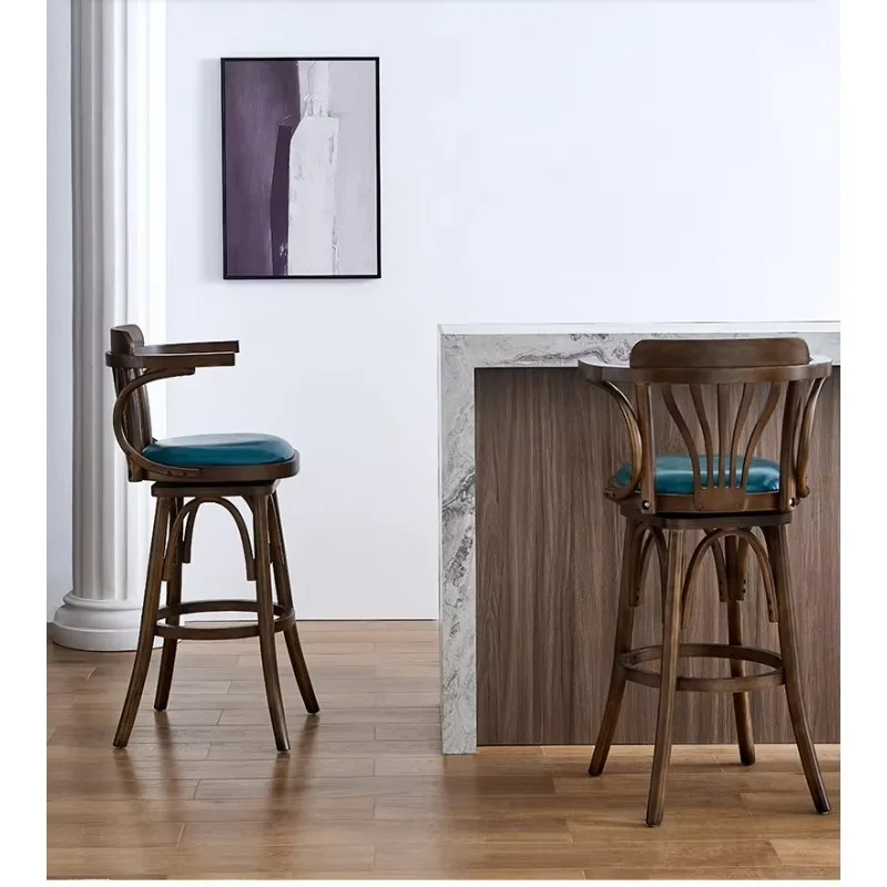 Retro Solid Wood Bar Chair Bar Bar Bar High Stool Rotating Armrest Backrest High Chair Coffee Shop Chair Bar Stools for Kitchen 