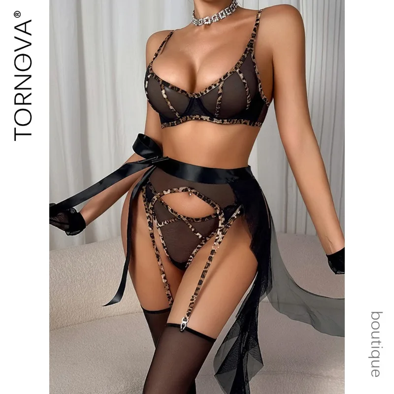 

Tornova 6PCS Sexy Lingerie Patchwork Leopard Print Skinny Backless See-through Women Interesting Hollow Seductive Lace Split Kit
