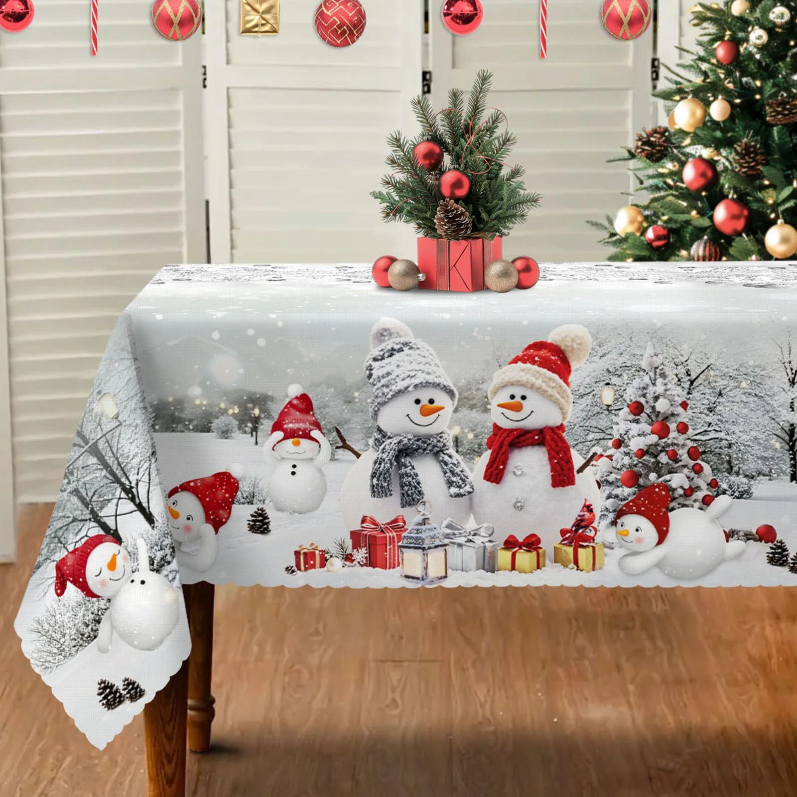 One piece of festive Christmas snowman tablecloth, Christmas holiday decoration, winter decoration, polyester round shape