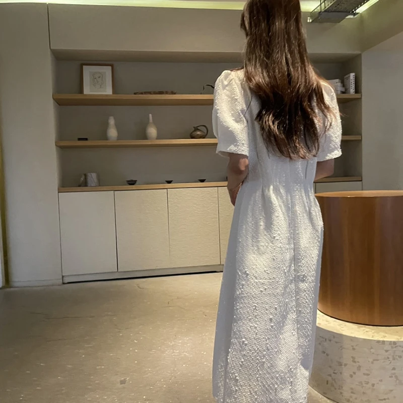 Elegant Tweed Midiชุดผู้หญิงวินเทจพัฟแขนสั้นสีขาวฤดูร้อนสุภาพสตรีเกาหลีเก๋สบายๆสายVestidosใหม่