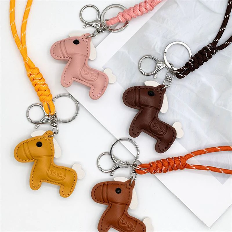 Cute Cartoon Pony Leather Keychain Pendant Charms Horses Keyring Animal Bag Hanging Ornament Couple Accessories Decoration Gifts