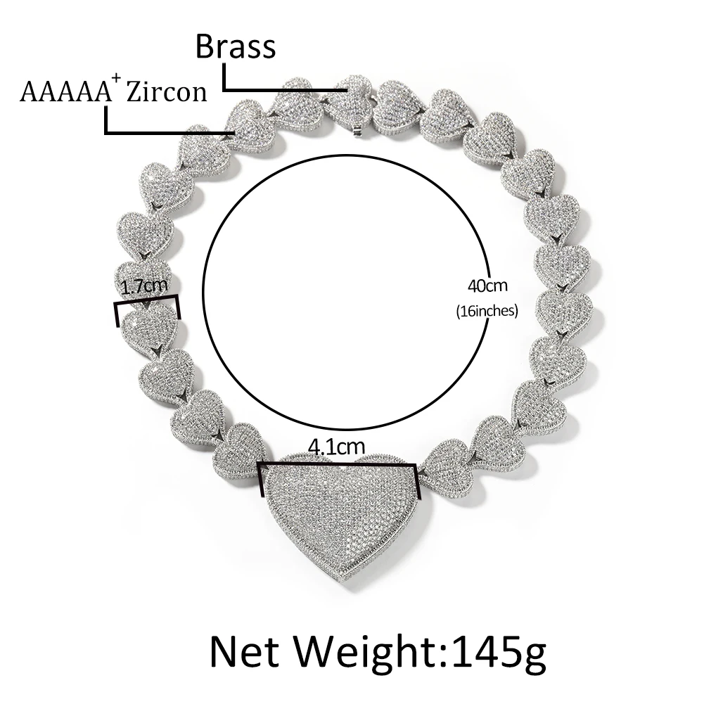 THE BLING KING Iced Out Big Heart Chain Collar Y2K 17mm Choker For Women Girl Micro Paved 5A Cubic Zircon Lovely Wedding Jewelry