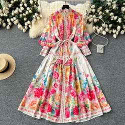 Sexy Lantern Sleeve Print Bandage pleated Dress A-line Chic Casual Beach Vacation  Women Summer o neck dresses