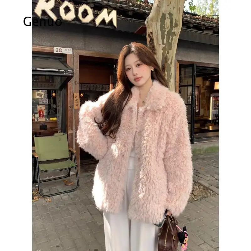 Women Korean Style Lapel Collar Thickened Shearling Jacket Warm Fluffy Faux Fur Winter Outerwear Coat