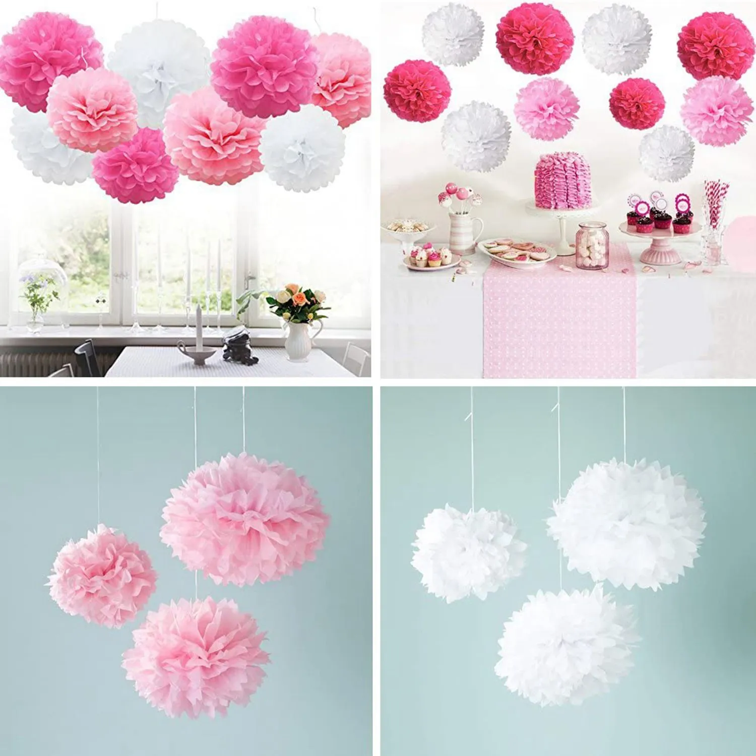 Mixed Tissue Paper Pompons, Pom Poms flor, decoração do casamento, rosa, 9 pcs por conjunto