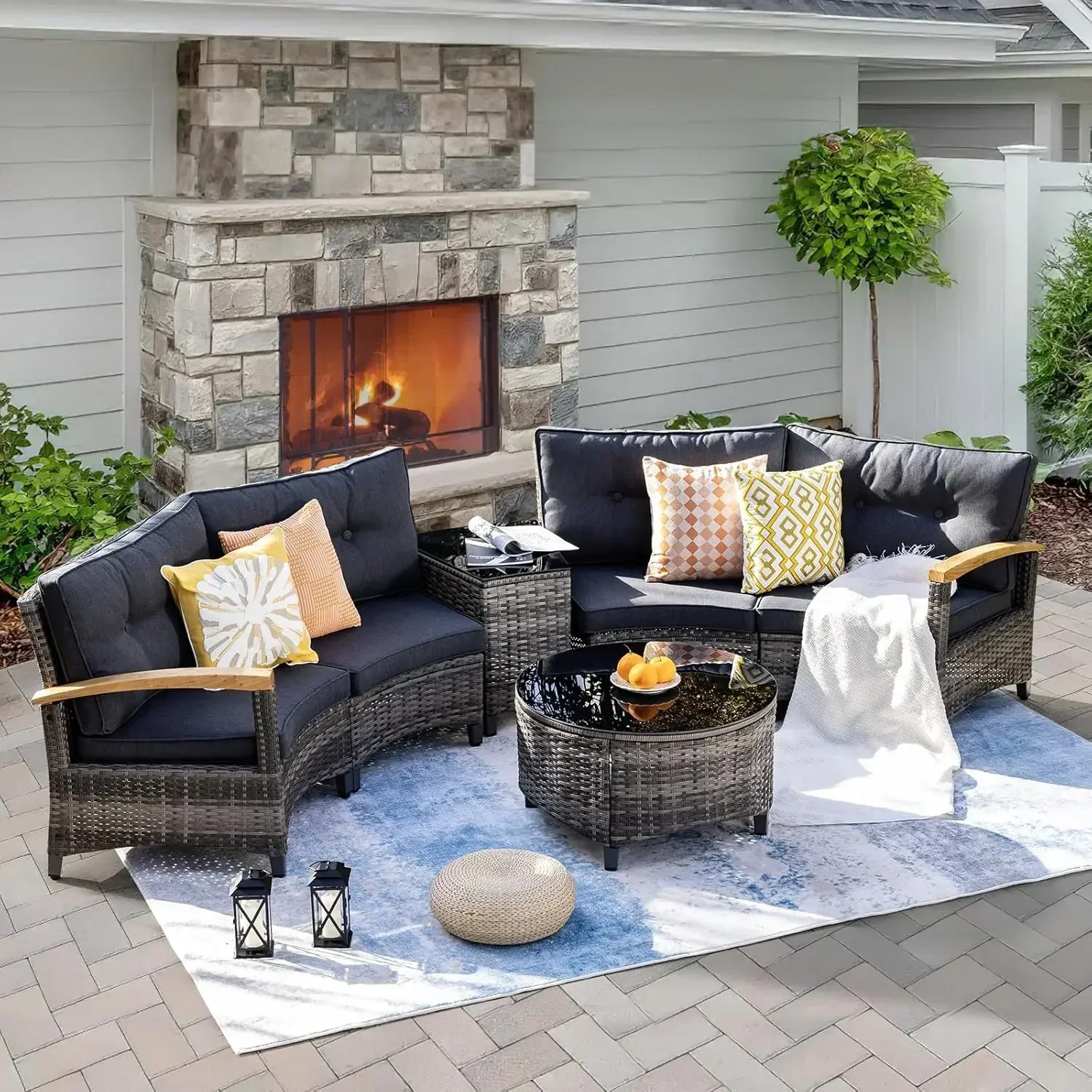 6 Piece Outdoor Patio Furniture Set,  Conversation Set with Wood Armrests, Tempered Glass Round Coffee Table & Side Table