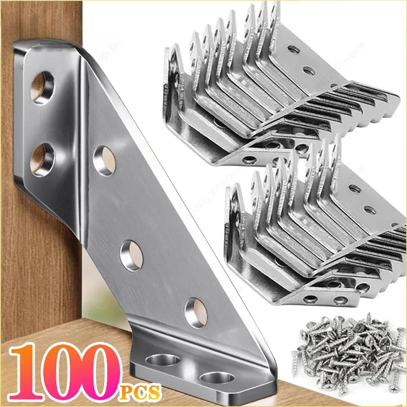 

100PCS Corner Brackets Stainless Steel Furniture Angle Shelf Connector Cabinet Support Fixing Frame Corner Brace with Screw