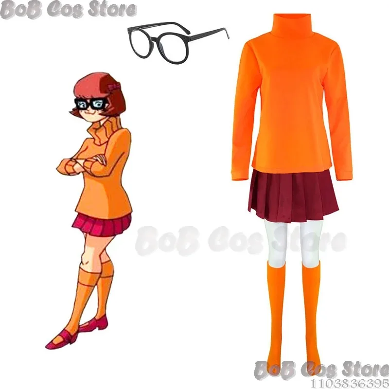 

2025 11 Scoo Velma Daphne Косплей Костюм Лохматый наряд Униформа Парик Аниме Женская Юбка Очки Хэллоуин Комплект Девушки Партии Ro