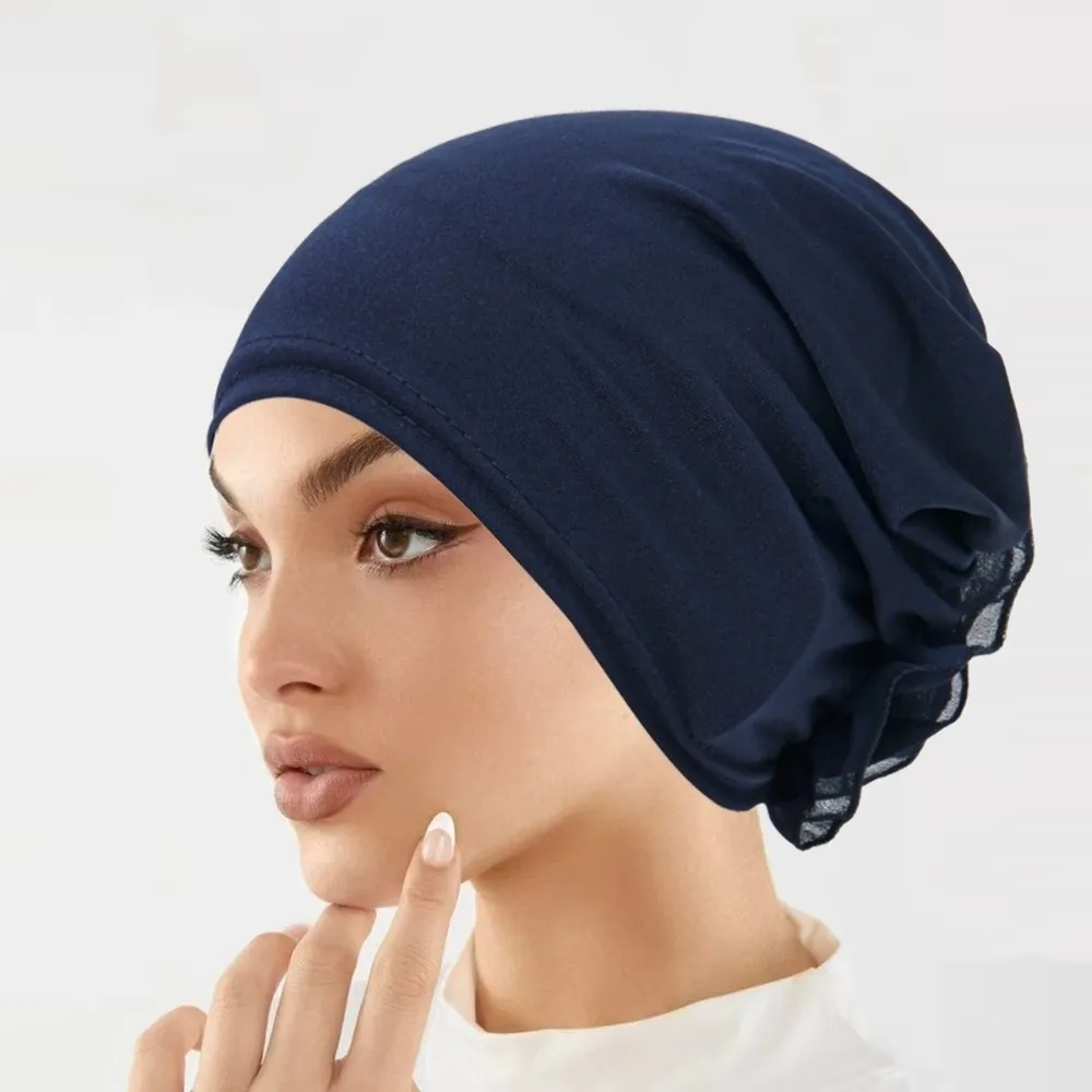 Fashion Vintage Hijab Caps Wrap Style Elastic Flower Turban Hat Breathable Soft Polyester Islamic Headband Hair Loss