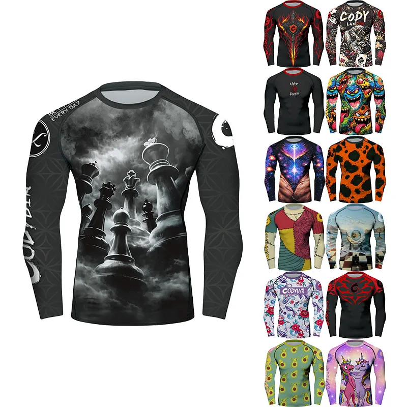 Men Surreal Chess Print Rash Guard Long Sleeve 4‑Way Stretch Compression Shirt Anti‑Irritation For BJJ Grappling MMA Training