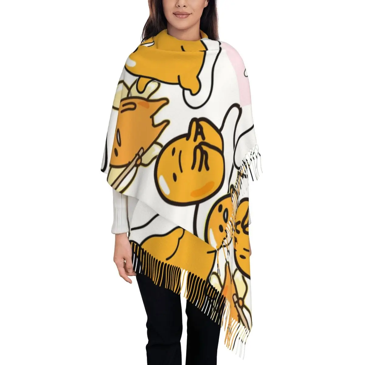 Gudetama Cute Egg Cartoon Scarf for Women Warm Winter Pashmina Shawl Wrap Long Large Scarves with Tassel Lightweight