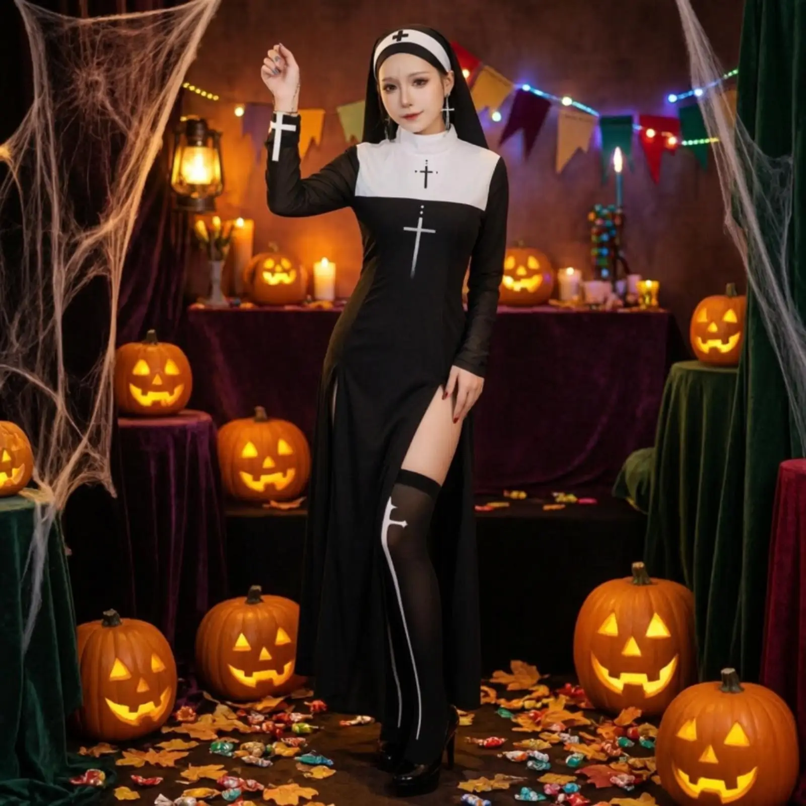 women-halloween-nun-costume-black-dress-with-head-covering-white-panel-cross-print-long-sleeve-cosplay-set