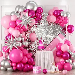 113 Pcs/Set Hot Pink Silver Balloon Arch Kit Metallic Silver Balloons Baby Princess Theme Party Birthday Baby Shower Decorations