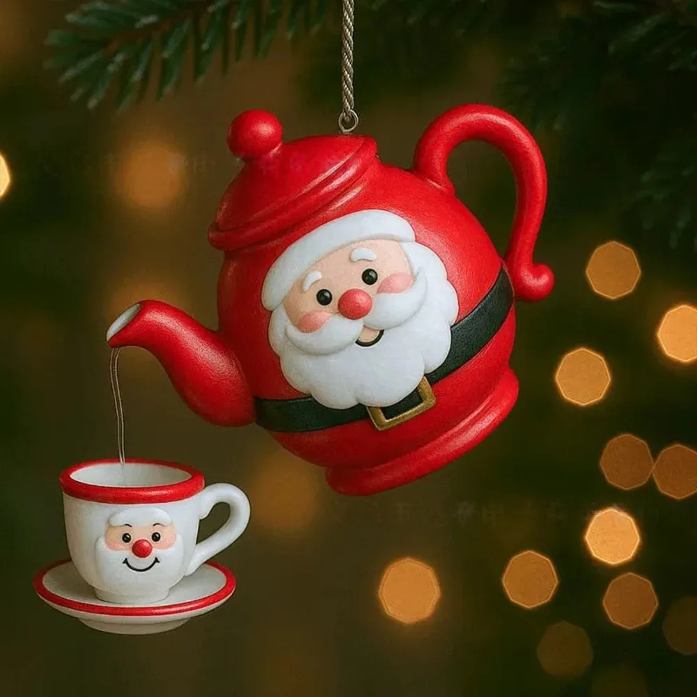 Christmas Teapot Ornament Vintage Christmas Tea Cups & Pot Festive Decor Festive Teapot Hanging Decor With Pouring Tea Effect