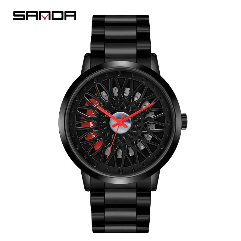 Fashion Sanda 1060 Car Wheel Hollow Out Design Carved Dial Waterproof Strap Optional Quartz Movement Men Leisure Sports Watches