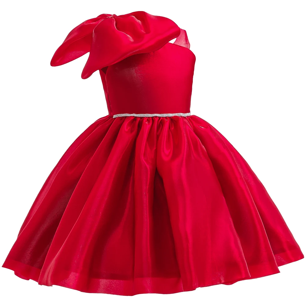 Kids Red Satin Bow Dress For Girls One Shoulder Puffy Princess Party Dress Kids Christmas Birthday Wedding Pageant Gown