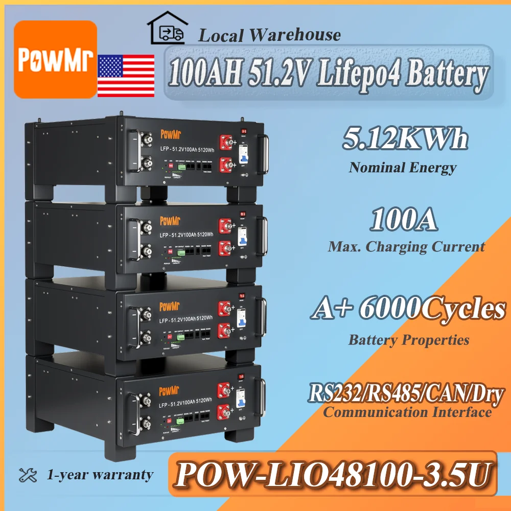 PowMr 51.2V 100Ah LiFePO4 Battery Safe 6000 cycles, Grade A+ up to 16 in parallel smart BMS wide inverter compatibility for Home