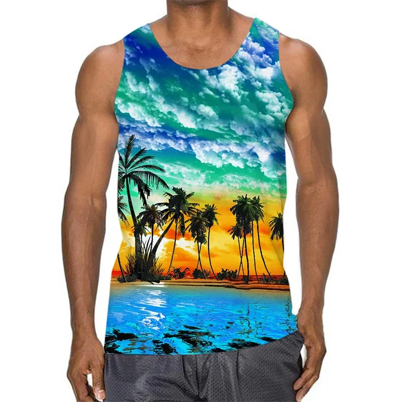 

3D Palm Leaves Graphic Tank Top Gym Clothing Men's Summer Streetwear Sleeveless Vest Summer Quick Drying Oversized Tops Homme