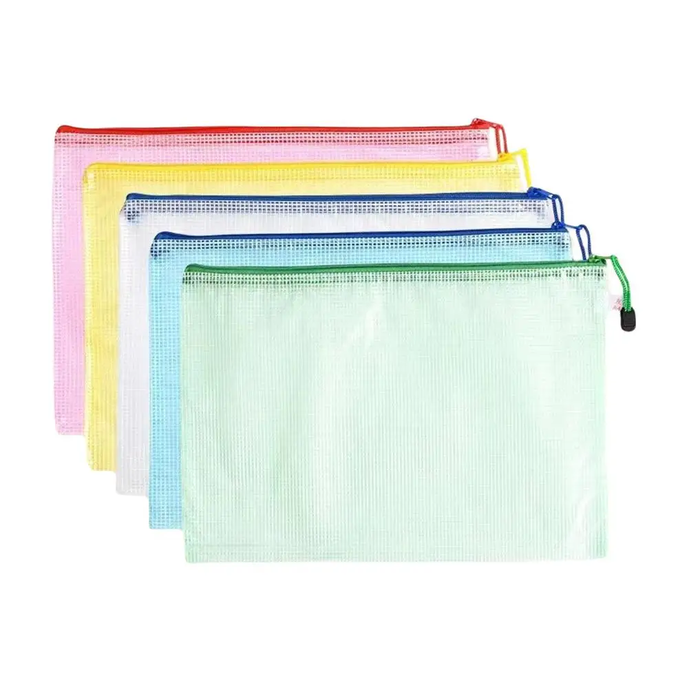 Estojo de lápis impermeável com zíper, bolsa de documentos escolares, suprimentos plásticos de escritório, armazenamento multiuso, A5 Mesh, F5E4, 5pcs