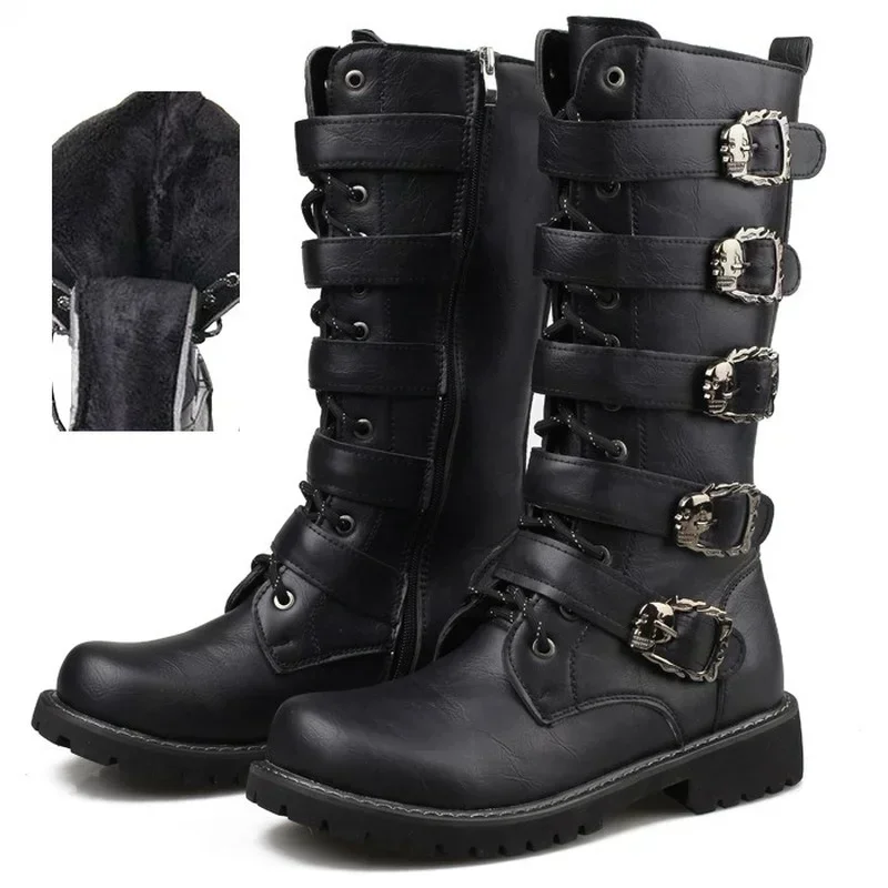 Winter Men's Leather Motorcycle Boots Punk Chain Mid-calf Platform Gothic Combat Boots for Men Biker Boots Men 2024