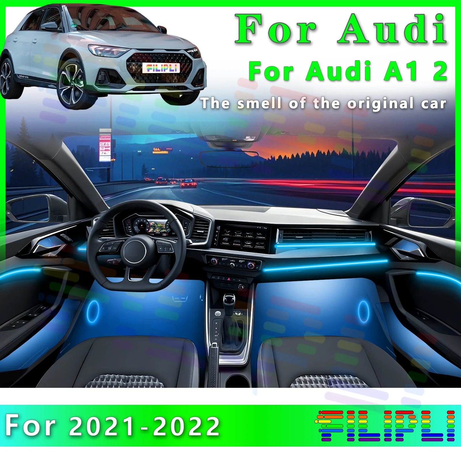 

For Audi A1 2021-2022 Car Interior RGB LED Atmosphere Light Strip Fiber Optic Neon Invisible Ambient Lamp APP Decoration Trim