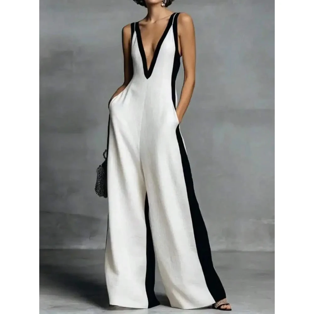 Women's V-Neck Contrast Trim Wide Leg Jumpsuit, Sleeveless Deep V Neck Loose Fit Linen-Look Jumpsuit With Side Pockets And Color
