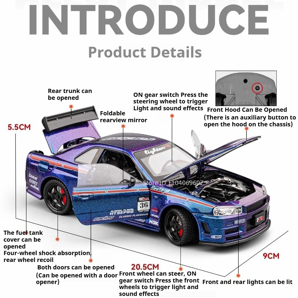 1:24 gtr skyline r34 modelo de brinquedo supercares metal diecast roda dianteira direção absorção choque puxar para trás coleção carro esportivo brinquedo