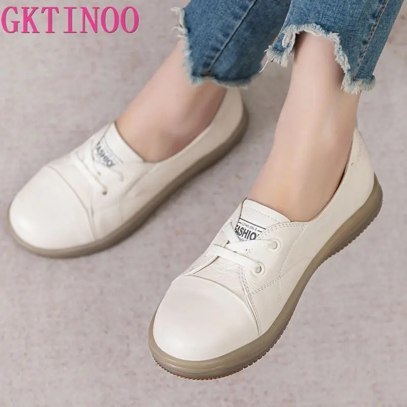 GKTINOO Women Sneakers 2024 Spring New Genuine Leather Loafers Women Casual Lace-up Women\'s Flats White Shoes